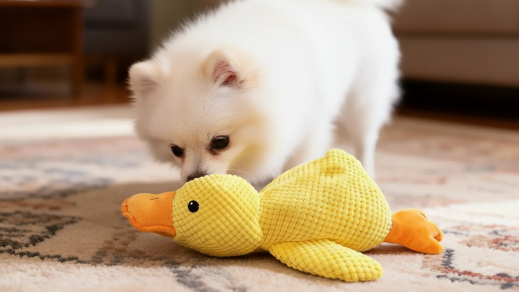 Fluffy Pomeranian with Yellow Duck Plush Toy – Lifestyle