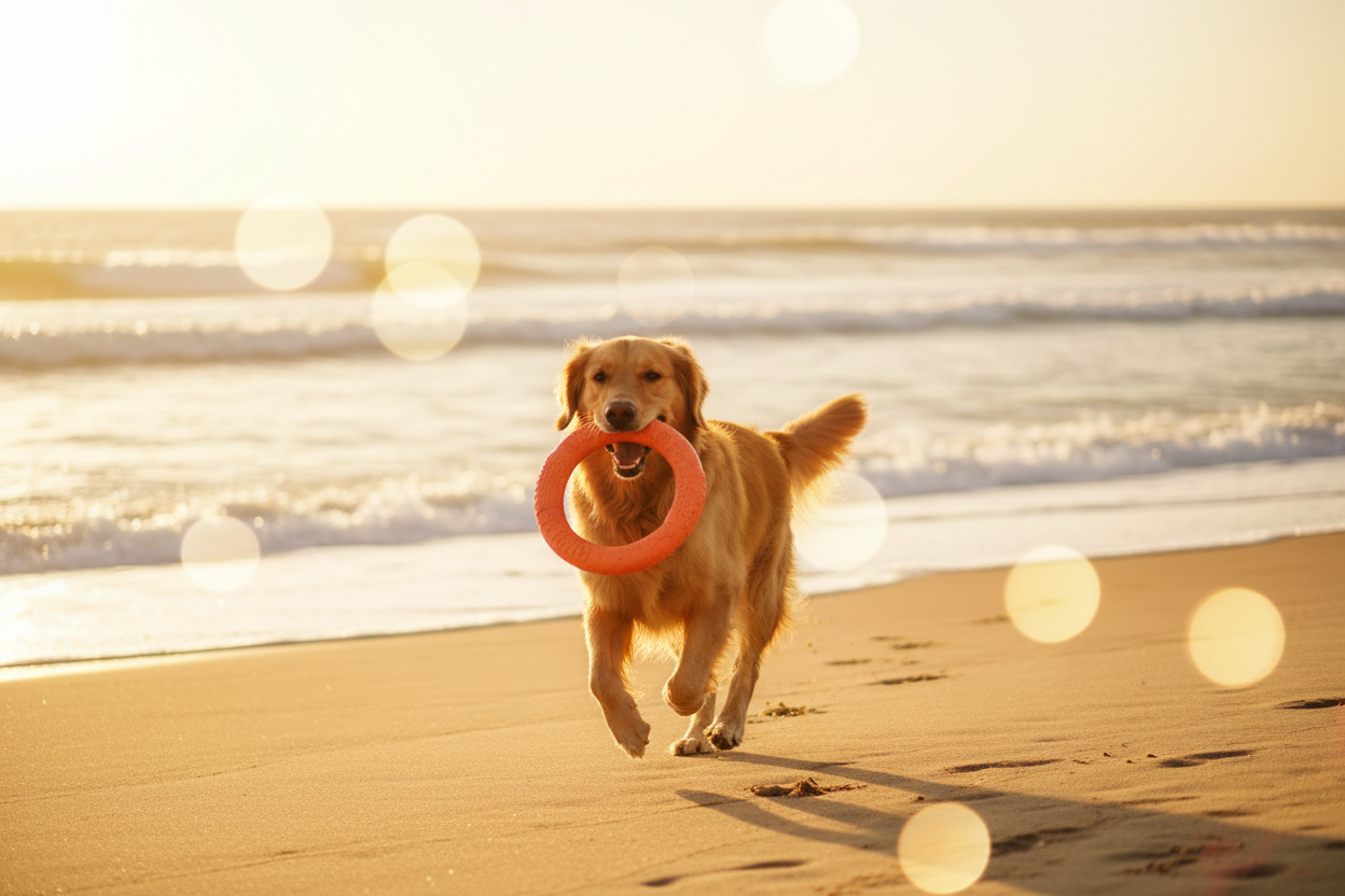 Golden Retriever with Orange Ring Toy – Beach Lifestyle